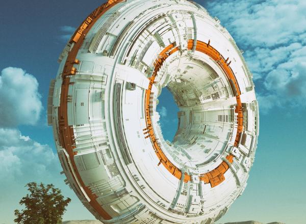 Digital artwork by Mike Winkelmann showing a giant white and orange torus with greebles in a barren landscape that also features a tree and a man approaching the torus. One of the images used in Everydays: The First 5000 Days by Mike Winkelmann (known professionally as Beeple). License