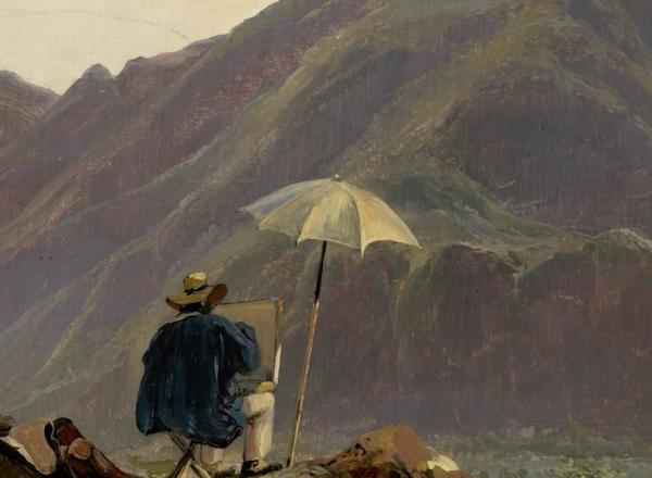 painting of artist painting outside in front of mountain