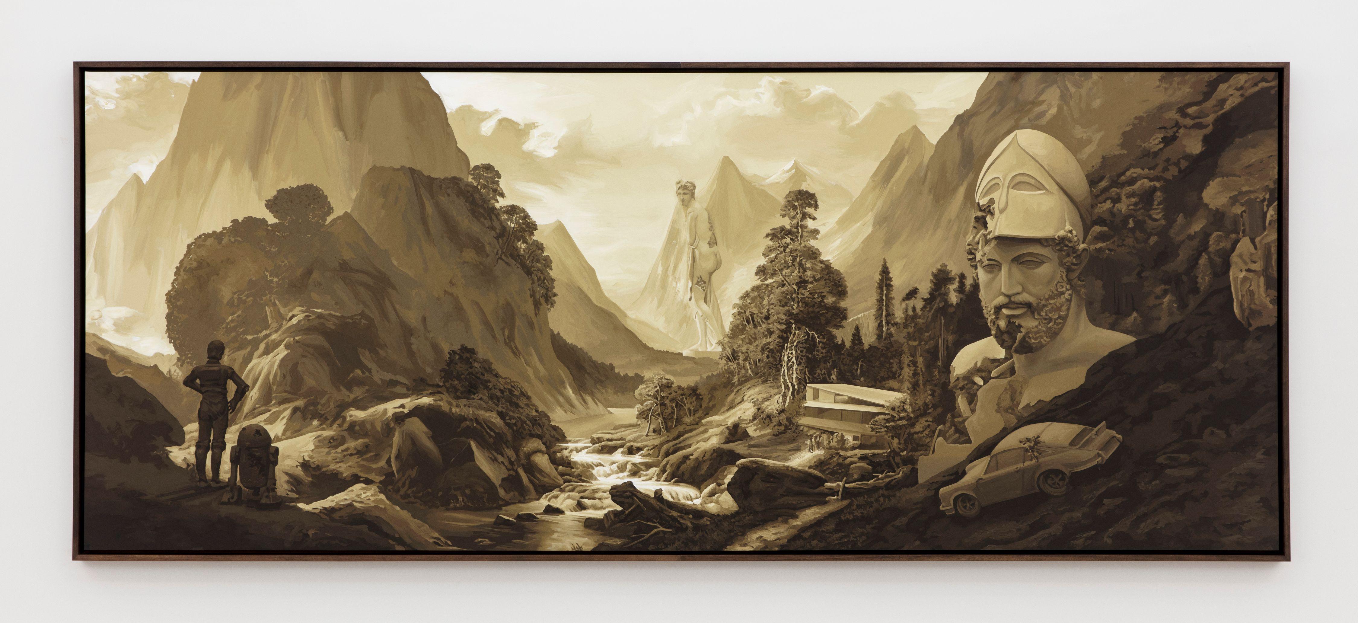 Daniel Arsham. Valley of the Sublime, Stubaital , 2023. Acrylic on canvas. Framed: 83 1/2 x 203 1/2 inch. Photographer: Guillaume Ziccarelli. Courtesy of the artist and Perrotin.