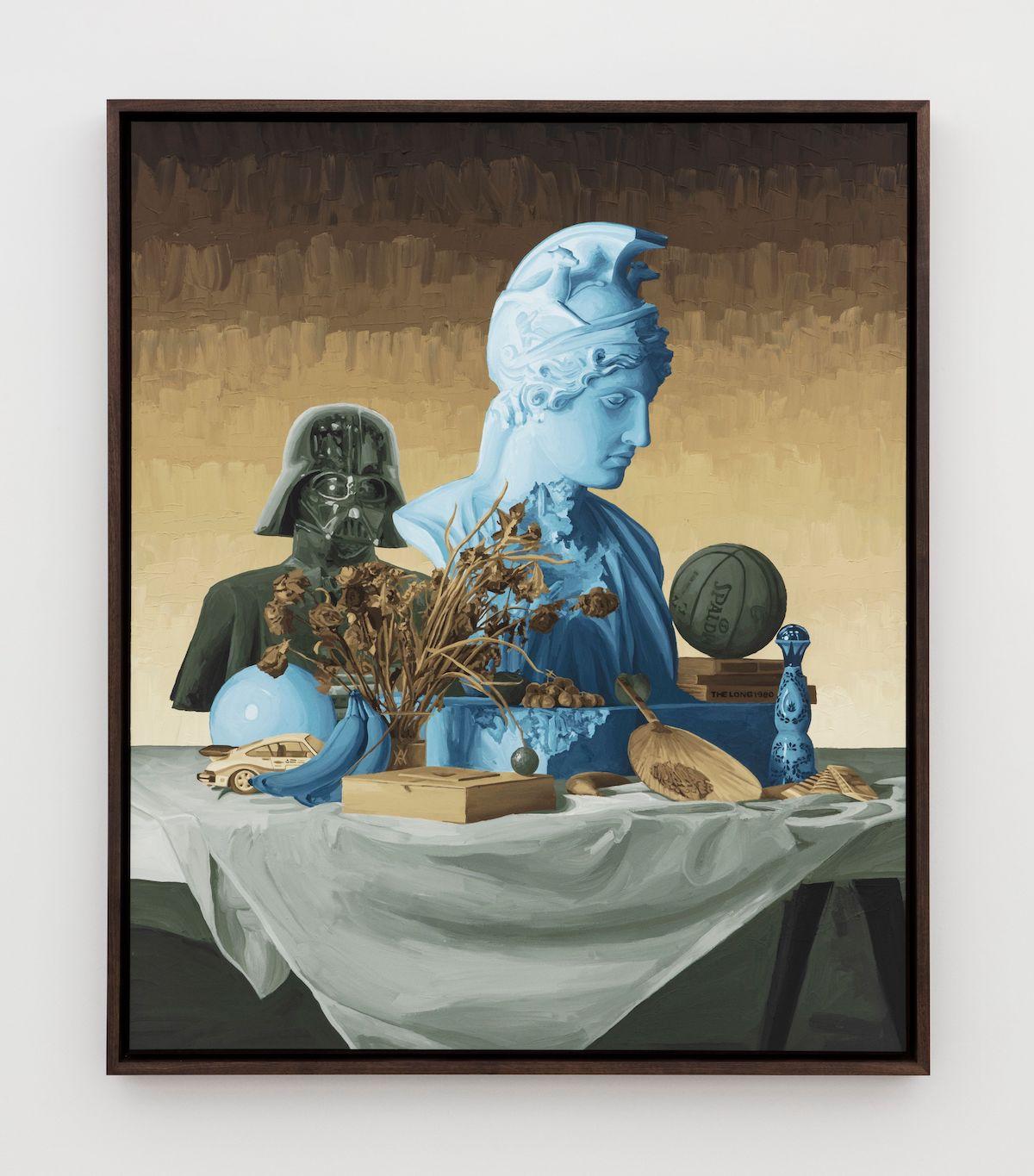 Daniel Arsham. Still Life with Bust of Deified Rome Blue, 2023. Acrylic on canvas. Framed: 75 1/2 x 63 1/2 inch. Photographer: Guillaume Ziccarelli. Courtesy Perrotin. © &amp; TM Lucasfilm Ltd. © 2023 Daniel Arsham, Inc.