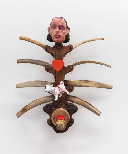 Amy Bravo, Loom, 2024. Found Objects, Wax, Bone, Acrylic, and String, 31 H x 30 W x 13 D in / 79 H x 76 W x 33 D cm.