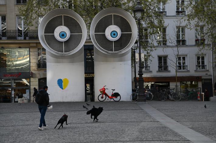 Ventilation pipes on Place Georges Pompidou opposite the main entrance of the Centre Pompidou in Paris.