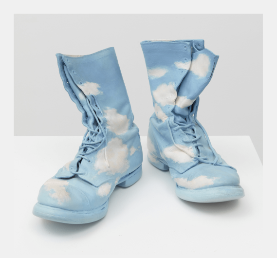 Geoffrey Hendricks, Sky Boots, 1965. Acrylic on leather work boots, 10 × 12 × 15 in. Courtesy Klaus von Nichtssagend Gallery, New York (Survey)