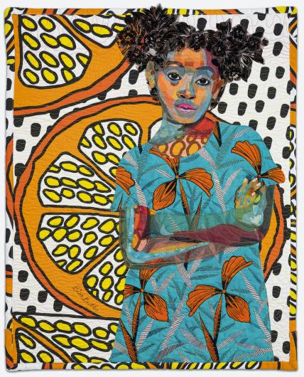 young girl stands in front of oranges. She's rendered with shades of orange and blue. 