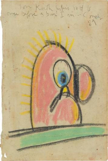 George Condo drawing cartoon drawing of a man in profile which the artist has dedicated to Keith Karing