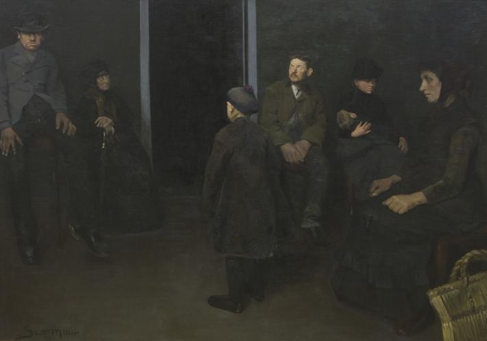 dark painting of white people dressed in black clustered in a dark room near a door